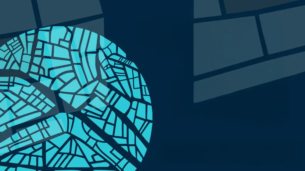 Abstract graphic of a circular blue mosaic pattern resembling interconnected streets or tiles on a dark blue background.