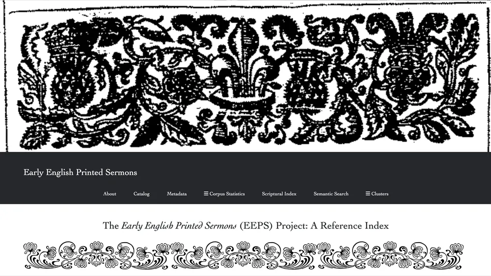 Screenshot of the Early English Printed Sermons project website, with an ornate black-and-white woodcut banner, navigation menu, and the title “The Early English Printed Sermons (EEPS) Project: A Reference Index.”