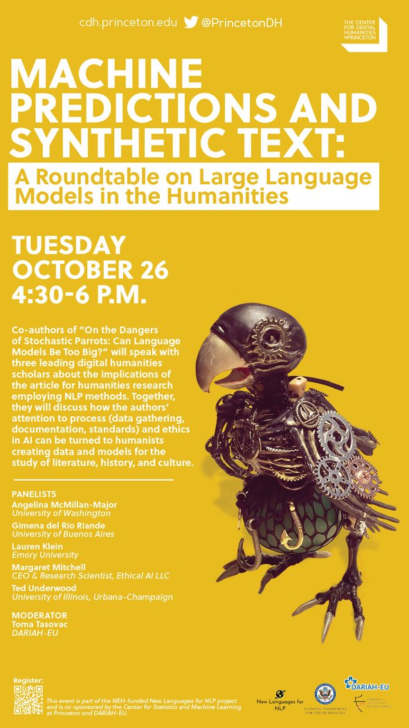 A yellow poster shows a bird made out of gears and reads "Machine Predictions and Synthetic Text: A Roundtable on Large Language Models in the Humanities." The date and time of the event, and a short event description, are also included.