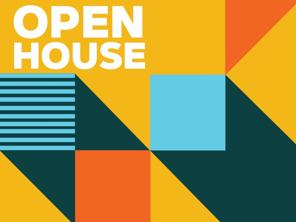 A colorful rectangle shows the words "OPEN HOUSE" in white letters.