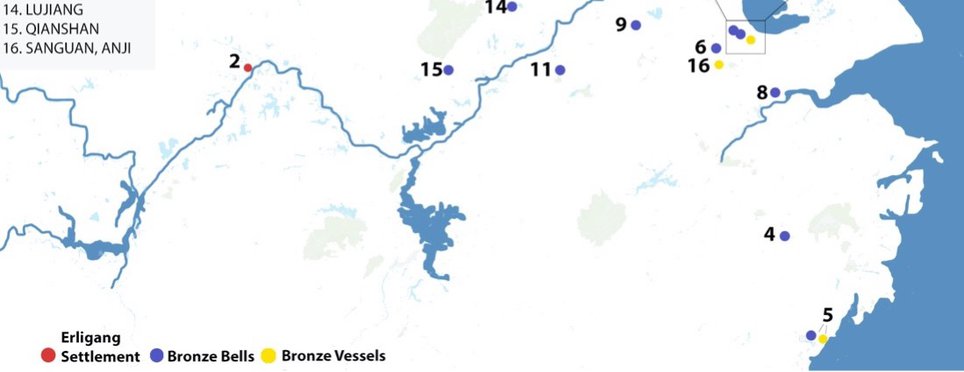 A map showing the location of settlements and bronze vessels