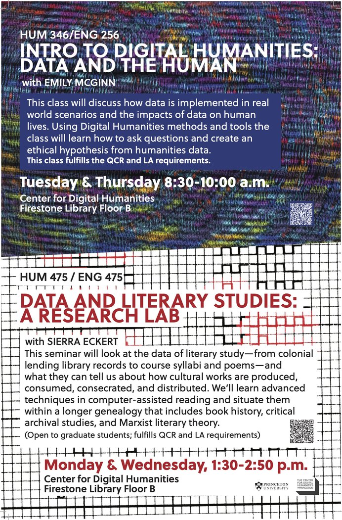 A poster is divided into two parts. The top part provides details for the course "Intro to Digital Humanities: Data and the Human." The bottom part provides information for the course "Data and Literary Studies: A Research Lab."