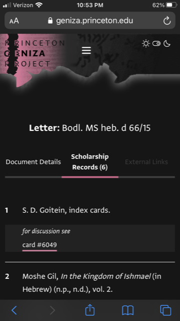 Mobile site in dark mode showing scholarship records for a document with two citations.
