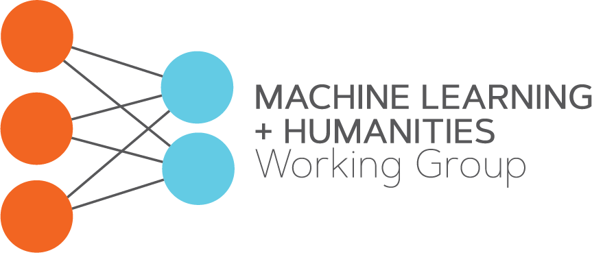 On the left, there are five circles--three orange circles in one column, and two blue ones. The circles are connected by gray lines. To the right are the words "Machine Learning + Humanities Working Group."