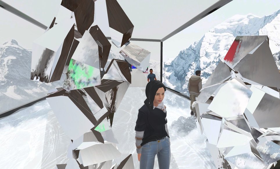 Avatars stand in the virtual gallery space