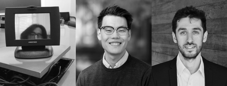 There are three black-and-white headshots in a row. The left shows Akrish on a screen; the middle shows Gyoonho wearing a sweater and a collared shirt; the right shows Daniel wearing a white shirt and dark jacket.