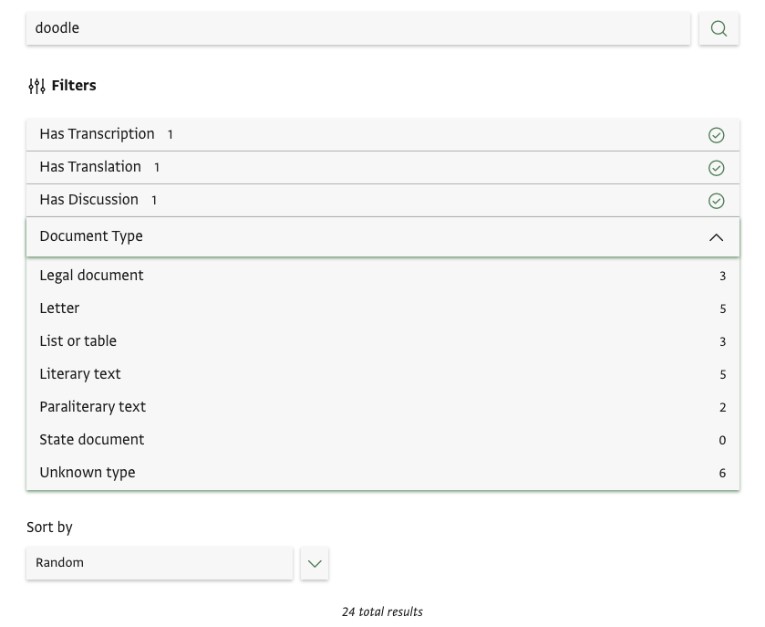 Search page with options to filter by transcription, translation, document type, and sort in random order.