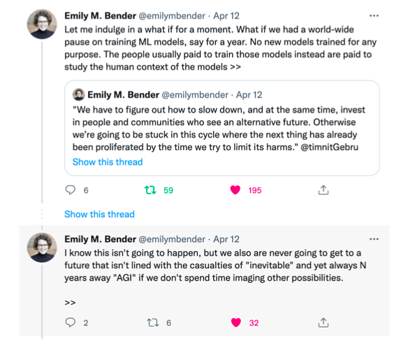A screenshot of.a tweet thread by Emily M. Bender in which Bender quote Timnit Gebru.