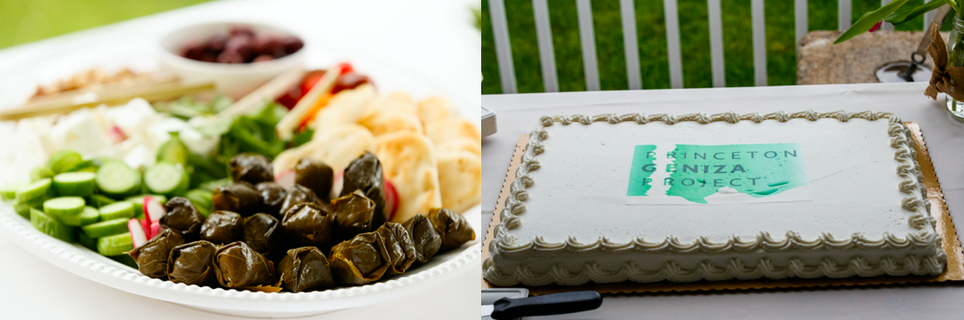 On the left is a plate of food, with grape leaves at the front; on the right is a white cake with the green Princeton Geniza Project logo.