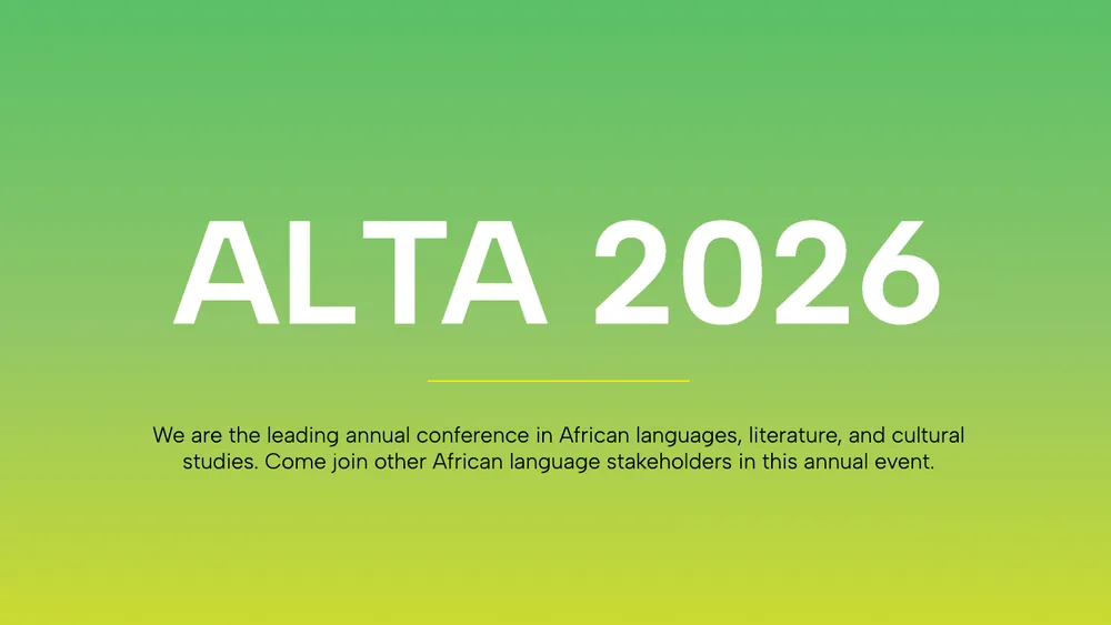 Slide with green gradient background reading ALTA 2026, with subtitle describing it as the leading annual conference in African languages, literature, and cultural studies.