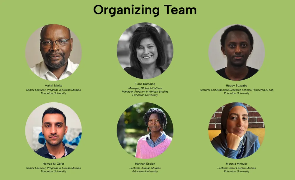 Graphic titled Organizing Team showing six circular headshots with names and academic roles at Princeton University on a green background.