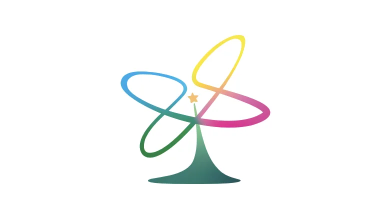 Abstract logo of a stylized tree-like shape with four looping, multicolored ribbon forms and a small star at the center on a light background.