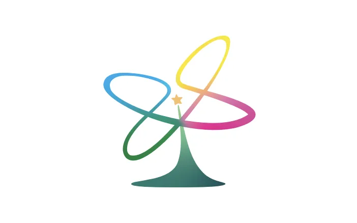 Abstract logo of a stylized tree-like shape with four looping, multicolored ribbon forms and a small star at the center on a light background.