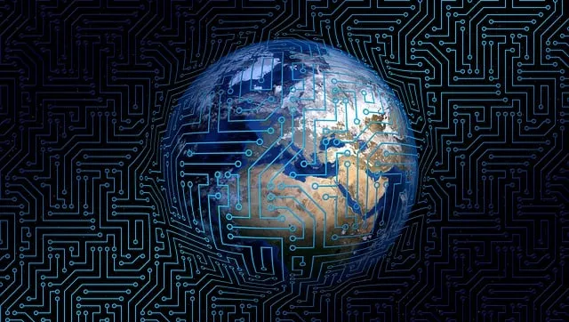 Globe showing continents overlaid with digital circuit pattern against a dark background