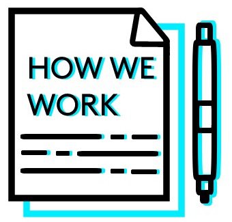 A rectangle features the words "HOW WE WORK" inside it in blue and black. To the right of the rectangle is a pen.