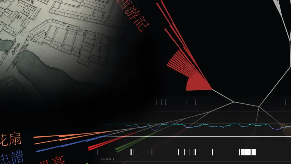 Composite image combining an old map drawing with modern data visualizations, colored lines, and Chinese text on a dark background