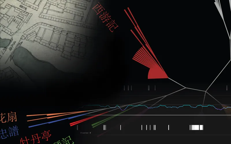 Composite image combining an old map drawing with modern data visualizations, colored lines, and Chinese text on a dark background