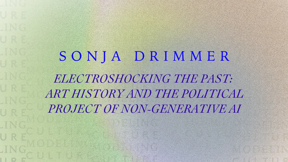 Title slide reading “Sonja Drimmer: Electroshocking the Past: Art History and the Political Possibilities of Nostalgia” on a soft pastel gradient background.