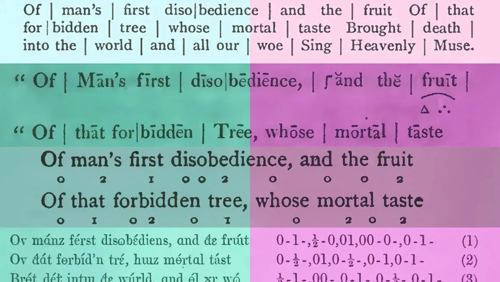 Multiple stylized versions of the opening line of Paradise Lost displayed in colored quadrants with varied typography and notation