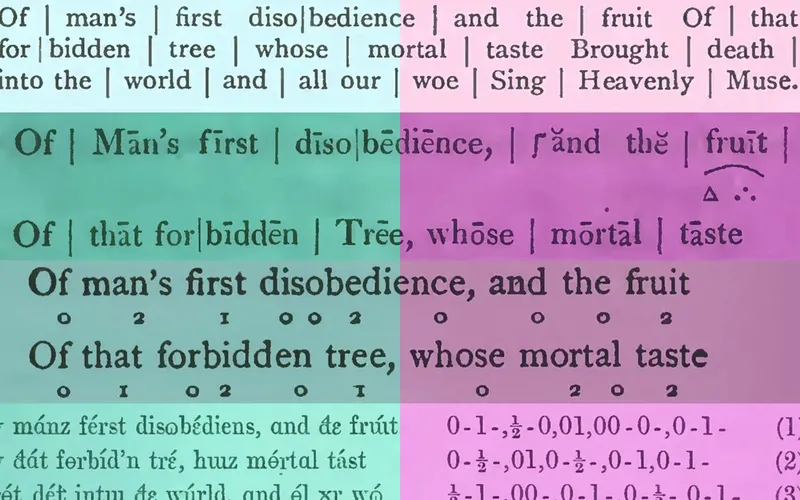 Multiple stylized versions of the opening line of Paradise Lost displayed in colored quadrants with varied typography and notation