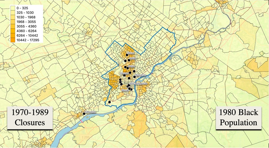 A map of Philadelphia from 1980. Darker yellows and oranges indicate higher Black populations. Black markers indicate locations of parish closures.