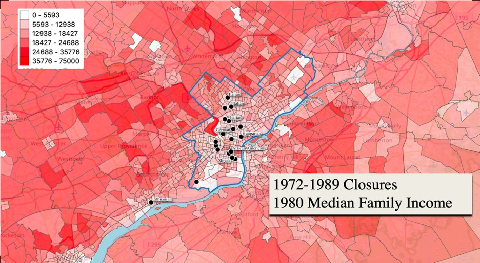 A map of Philadelphia from 1980, with darker red indicating higher income. Black markers show the location of parish closures.